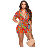 Women's Printed Short Sleeve Shirt and Shorts Casual Two-Piece Set