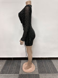 Sexy Beaded Drawstring See-Through Bodycon Dress