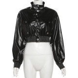 Women Stand Collar Pu Leather Jacket Two Piece Set