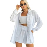 Spring and Spring Women's Solid Color Long-Sleeved Shirt Elastic Waist Loose Shorts Casual Two-Piece Set