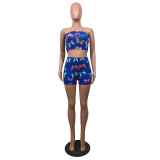 Summer Women's Sexy Slim Fit Butterfly Print Strapless Two Piece Shorts Set