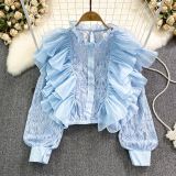 French Retro Long Sleeve Ruffled Patchwork Lace Shirt Women's Fashion Trendy See-Through Top