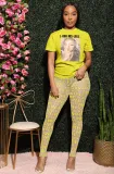 Women's Printed Short Sleeves T-Shirt See-Through Mesh Pants Two-Piece Set