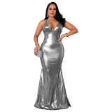 Women's Strap Sexy V-Neck Metallic Color Tight Fitting Party Maxi Dress