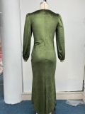 Women Autumn Knittingv Collar Solid Padded Shoulder Long Sleeve Slit Evening Dress