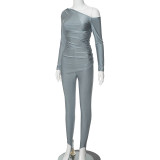 Women's Spring Solid Color Slash Shoulder Off-Shoulder Long Sleeve Top Tight Fitting Pants Casual Two Piece Set