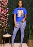 Women's Printed Short Sleeves T-Shirt See-Through Mesh Pants Two-Piece Set