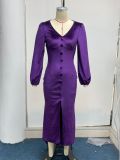 Women Autumn Knittingv Collar Solid Padded Shoulder Long Sleeve Slit Evening Dress