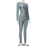 Women's Spring Solid Color Slash Shoulder Off-Shoulder Long Sleeve Top Tight Fitting Pants Casual Two Piece Set