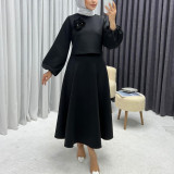 Dubai Women's Fashion Loose Lantern Long Sleeve Flower Top A-Line Skirt Two-Piece Set