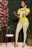 Women's Printed Short Sleeves T-Shirt See-Through Mesh Pants Two-Piece Set