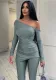 Women's Spring Solid Color Slash Shoulder Off-Shoulder Long Sleeve Top Tight Fitting Pants Casual Two Piece Set