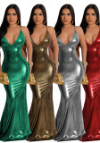 Women's Strap Sexy V-Neck Metallic Color Tight Fitting Party Maxi Dress