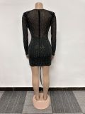 Sexy Beaded Drawstring See-Through Bodycon Dress