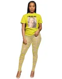 Women's Printed Short Sleeves T-Shirt See-Through Mesh Pants Two-Piece Set