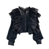 French Retro Long Sleeve Ruffled Patchwork Lace Shirt Women's Fashion Trendy See-Through Top