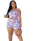 Summer Women's Sexy Slim Fit Butterfly Print Strapless Two Piece Shorts Set