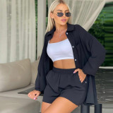 Spring and Spring Women's Solid Color Long-Sleeved Shirt Elastic Waist Loose Shorts Casual Two-Piece Set