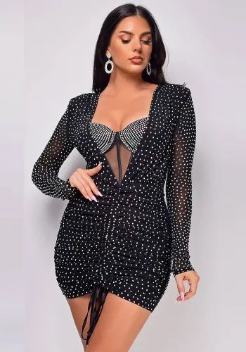 Sexy Beaded Drawstring See-Through Bodycon Dress