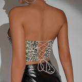 Women low-cut rhombus underwire fishbone lace-up Crop vest