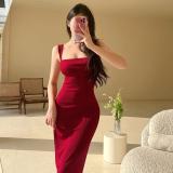 Women knitting suspenders sexy red Maxi Dress