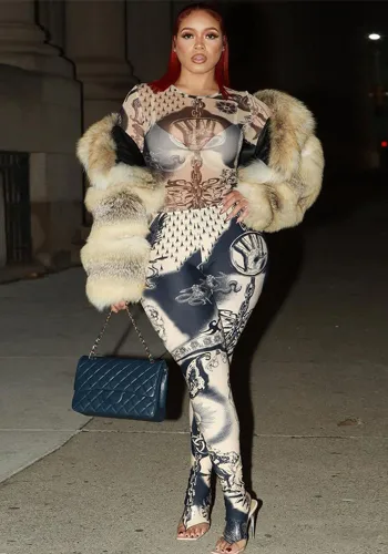 Women sexy mesh See-Through printed Top and high-waisted Casual trousers two-piece set