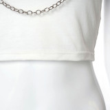 Women Summer Print Round Neck Short Sleeve Chain Crop T-Shirt