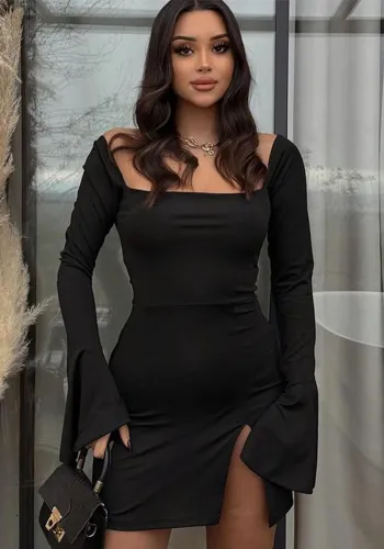 Winter Women Solid Bell Bottom Long Sleeve Slit Sexy Bodycon Dress