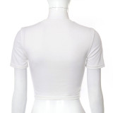 Women Summer Print Round Neck Short Sleeve Chain Crop T-Shirt