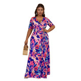 Plus Size Women Bohemian Beach Tie Dye Casual Slit Short Sleeve Maxi Dress