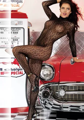 Women Leopard Print Long Sleeve One-piece Fishnet Stockings Sexy Lingerie