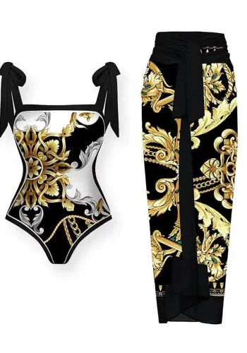 Women Vintage Printed Mesh Sunscreen Mesh Skirt Swimsuit