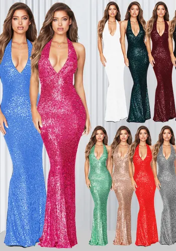 Women Sleeveless Halter Neck Sequined Mermaid Dress