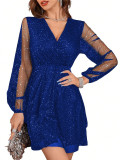 Women elegant mesh Shiny Solid three-quarter sleeves v-neck Patchwork Maxi Dress