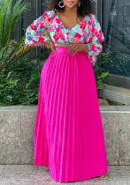 Women's Fashionable V Neck Printed Top Pleated Long Skirt African Two Piece Set