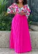 Women's Fashionable V Neck Printed Top Pleated Long Skirt African Two Piece Set