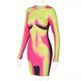 Women Spring and Summer Printed Round Neck Long Sleeve Bodycon Dress