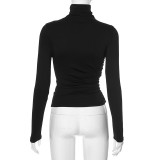 Women Winter Solid Casual Round Neck Pleated Long Sleeve T-Shirt