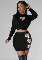Rhinestone Heart Hollow Crop T-Shirt Short Skirt Fashion Casual Two Piece Set For Women