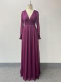 Elegant Women's Long-Sleeved V-Neck Pleated Elastic Waist Shiny Bright Evening Dress