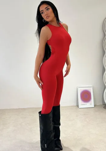 Spring Women's Solid Color Sexy Low Back Metal Buckle Fashion Sports Yoga Jumpsuit