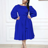 Women's Long Sleeve Round Neck Lace-Up Solid Color A-Line Dress