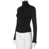 Women Winter Solid Casual Round Neck Pleated Long Sleeve T-Shirt