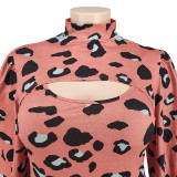 Sexy Plus Size Women's Spring Leopard Print Puff Sleeve Dress