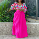 Women's Fashionable V Neck Printed Top Pleated Long Skirt African Two Piece Set