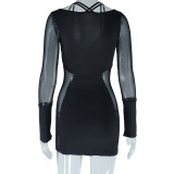 Solid Color Sexy Deep V-Neck Mesh Patchwork Long-Sleeved Bodycon Dress