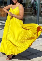 African Women's Summer Style Loose V-Neck Strap Pleated  Holidays Long Dress