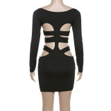 Spring Women's Fashionable And Sexy Hollow Solid Color High Waist Bodycon Slim Short Dress