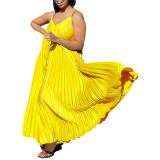 African Women's Summer Style Loose V-Neck Strap Pleated  Holidays Long Dress