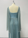 Spring Summer Style Shiny Shawl Sleeve Low Back V-Neck Pleated Evening Dress